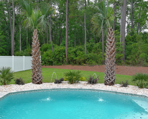 backyard pool with water spouts