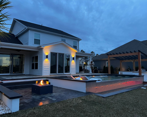 outdoor patio pool firepit kitchen